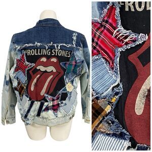 Upcycled Denim Jacket Womens XL Rock Stones Grunge Coachella Patchwork Folk Art
